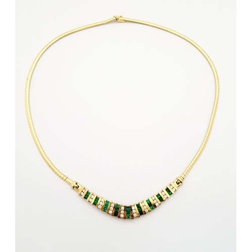 28 - A BEAUTIFUL CASED VINTAGE 18CT YELLOW GOLD ITALIAN MADE DIAMOND & EMERALD NECKLACE, a lovely, gradua... 