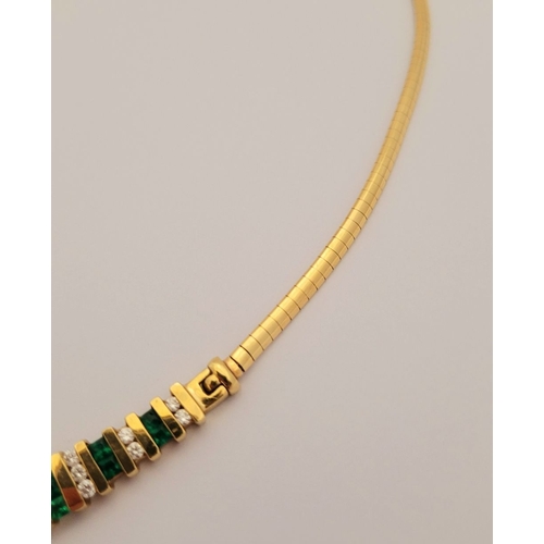 28 - A BEAUTIFUL CASED VINTAGE 18CT YELLOW GOLD ITALIAN MADE DIAMOND & EMERALD NECKLACE, a lovely, gradua... 