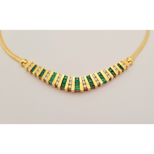 28 - A BEAUTIFUL CASED VINTAGE 18CT YELLOW GOLD ITALIAN MADE DIAMOND & EMERALD NECKLACE, a lovely, gradua... 