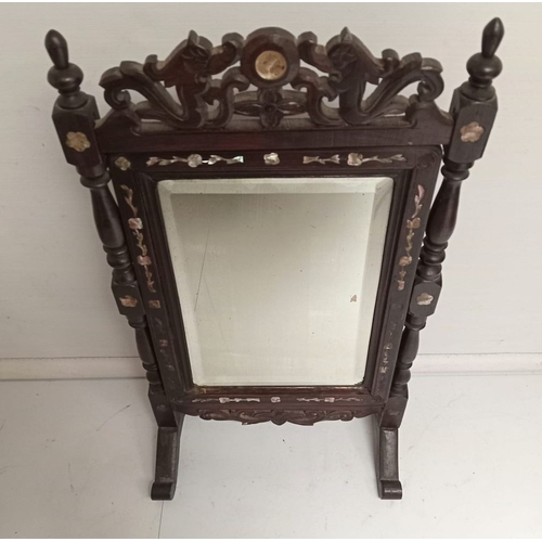 280 - AN ANTIQUE ORIENTAL TABLE MIRROR WITH INLAID MOTHER OF PEARL DECORATION, with bevelled glass rectang... 