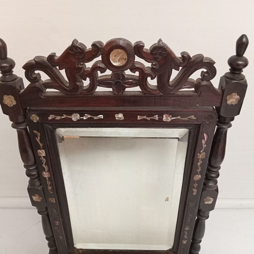 280 - AN ANTIQUE ORIENTAL TABLE MIRROR WITH INLAID MOTHER OF PEARL DECORATION, with bevelled glass rectang... 