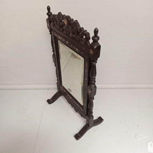 280 - AN ANTIQUE ORIENTAL TABLE MIRROR WITH INLAID MOTHER OF PEARL DECORATION, with bevelled glass rectang... 