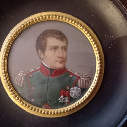 281 - AN EXCELLENT FRAMED MINIATURE OF EMPEROR NAPOLEON, circular miniature, signed lower right, in hardwo... 