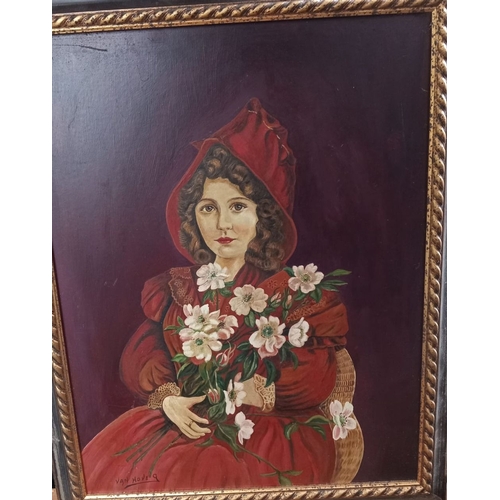 284 - DUTCH SCHOOL, 20TH CENTURY, oil on board, portrait of a lady with flowers, signed lower left. Dimens... 