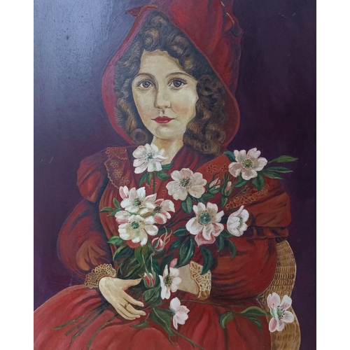 284 - DUTCH SCHOOL, 20TH CENTURY, oil on board, portrait of a lady with flowers, signed lower left. Dimens... 