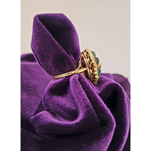 29 - AN 18CT YELLOW GOLD VINTAGE DIAMOND & EMERALD RING, the unique piece is in the form of a flower, wit... 