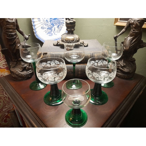 299 - A SET OF SIX VINTAGE FRENCH GREEN STEM GLASSES, Luminarc style, with nice foliate etched design to t... 