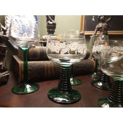 299 - A SET OF SIX VINTAGE FRENCH GREEN STEM GLASSES, Luminarc style, with nice foliate etched design to t... 