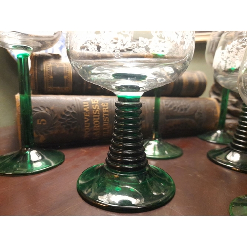 299 - A SET OF SIX VINTAGE FRENCH GREEN STEM GLASSES, Luminarc style, with nice foliate etched design to t... 