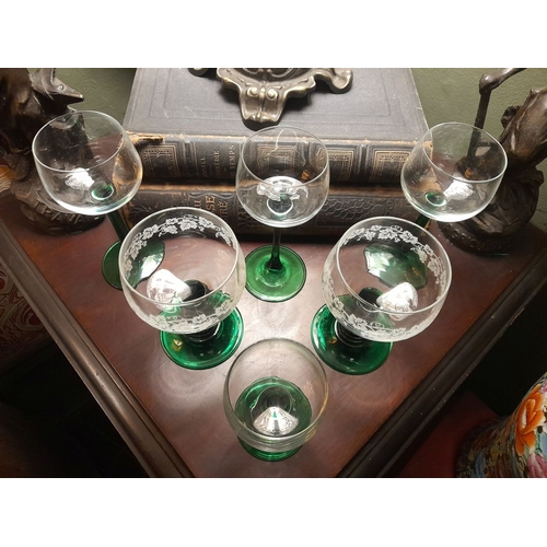 299 - A SET OF SIX VINTAGE FRENCH GREEN STEM GLASSES, Luminarc style, with nice foliate etched design to t... 