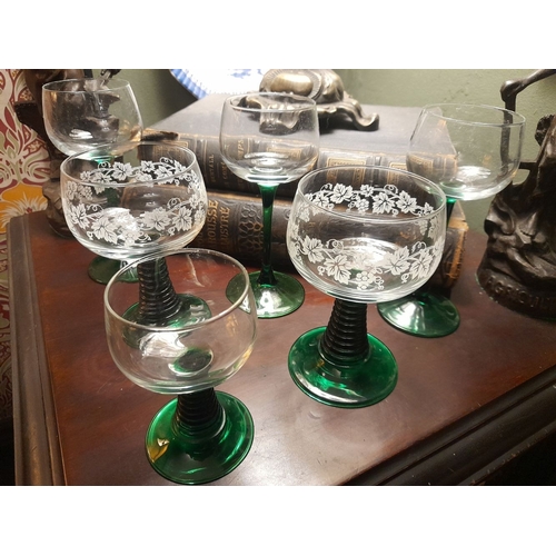 299 - A SET OF SIX VINTAGE FRENCH GREEN STEM GLASSES, Luminarc style, with nice foliate etched design to t... 