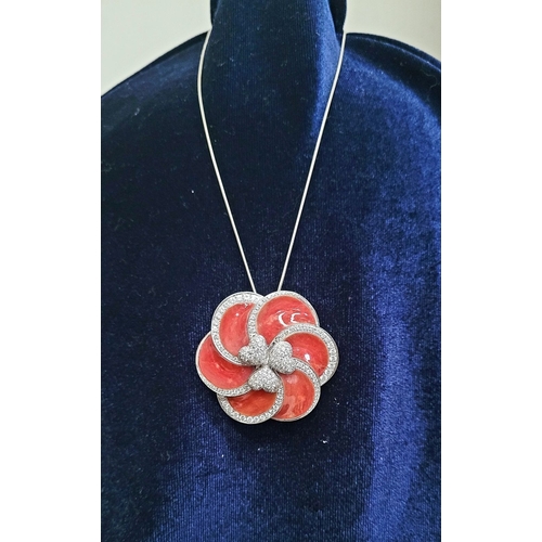 30 - A WONDERFUL ITALIAN MADE ANDREOLI 18CT WHITE GOLD CORAL & DIAMOND PENDANT, with chain. This stunning... 