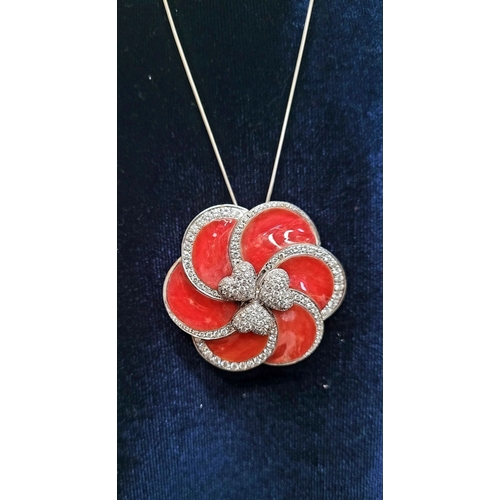 30 - A WONDERFUL ITALIAN MADE ANDREOLI 18CT WHITE GOLD CORAL & DIAMOND PENDANT, with chain. This stunning... 