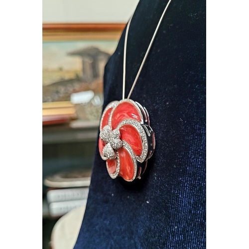 30 - A WONDERFUL ITALIAN MADE ANDREOLI 18CT WHITE GOLD CORAL & DIAMOND PENDANT, with chain. This stunning... 