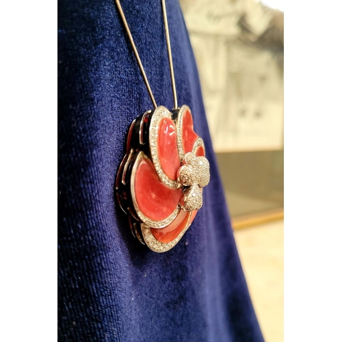 30 - A WONDERFUL ITALIAN MADE ANDREOLI 18CT WHITE GOLD CORAL & DIAMOND PENDANT, with chain. This stunning... 