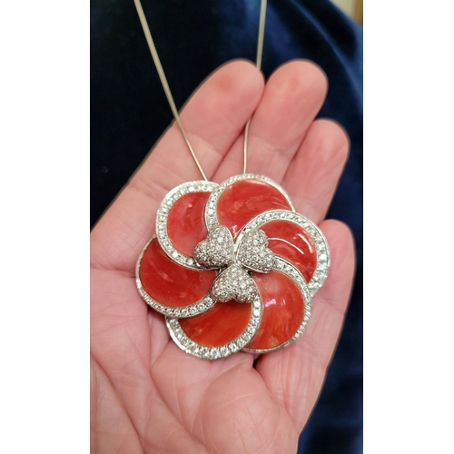 30 - A WONDERFUL ITALIAN MADE ANDREOLI 18CT WHITE GOLD CORAL & DIAMOND PENDANT, with chain. This stunning... 