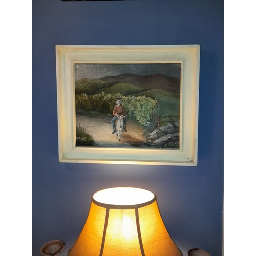 300 - TOM MCLOUGHLIN (Irish, 20th Century), oil on board, signed lower right. Depicting man on donkey in r... 