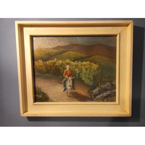 300 - TOM MCLOUGHLIN (Irish, 20th Century), oil on board, signed lower right. Depicting man on donkey in r... 