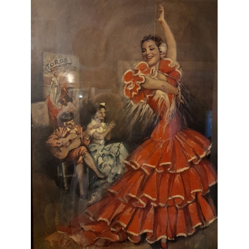 301 - A VINTAGE FRAMED COLOURED PRINT OF SPANISH FLAMENCO DANCER, c.1950, the coloured print reproduction ... 