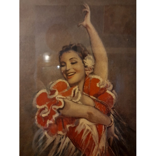 301 - A VINTAGE FRAMED COLOURED PRINT OF SPANISH FLAMENCO DANCER, c.1950, the coloured print reproduction ... 