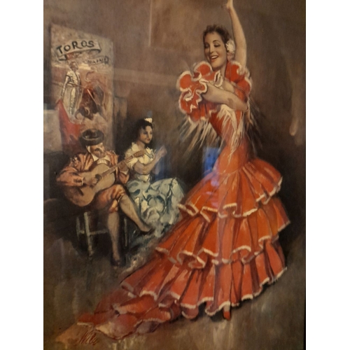 301 - A VINTAGE FRAMED COLOURED PRINT OF SPANISH FLAMENCO DANCER, c.1950, the coloured print reproduction ... 