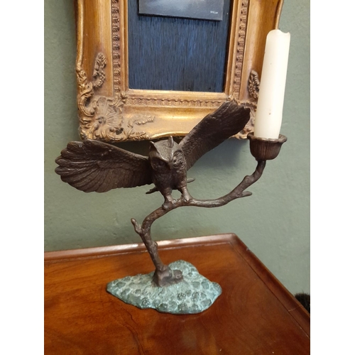 302 - A NICELY DETAILED BRONZE OWL CANDLESTICK, the support in the form of tree branch with finely detaile... 