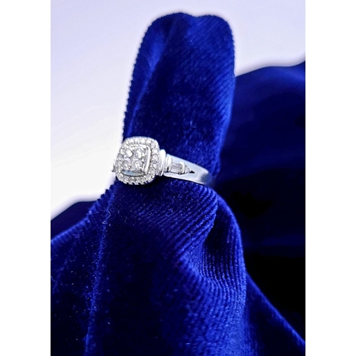 34 - A BEAUTIFUL 18CT WHITE GOLD DIAMOND HALO CLUSTER RING, a beautiful design, with a raised square sett... 