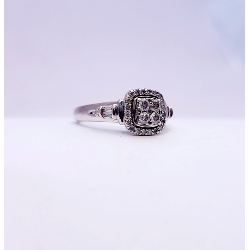 34 - A BEAUTIFUL 18CT WHITE GOLD DIAMOND HALO CLUSTER RING, a beautiful design, with a raised square sett... 