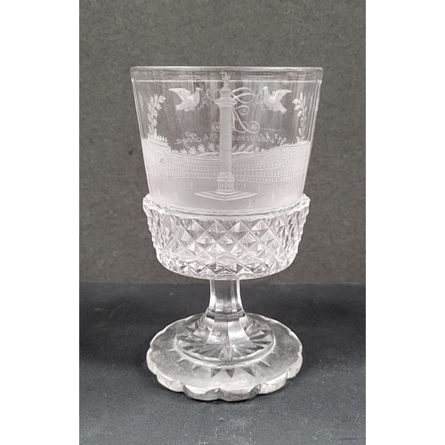 49 - A 19TH CENTURY IMPERIAL GLASS WORKS GOBLET, of cylindrical form, raised on a faceted stem, on a circ... 