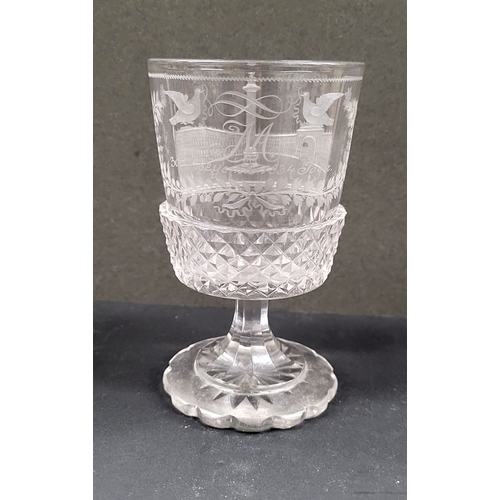 49 - A 19TH CENTURY IMPERIAL GLASS WORKS GOBLET, of cylindrical form, raised on a faceted stem, on a circ... 