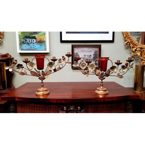 56 - A FANTASTIC PAIR OF DECORATIVE ECCLESIASTICAL STYLE GILT METAL & GEMSTONE CANDELABRA, with a central... 