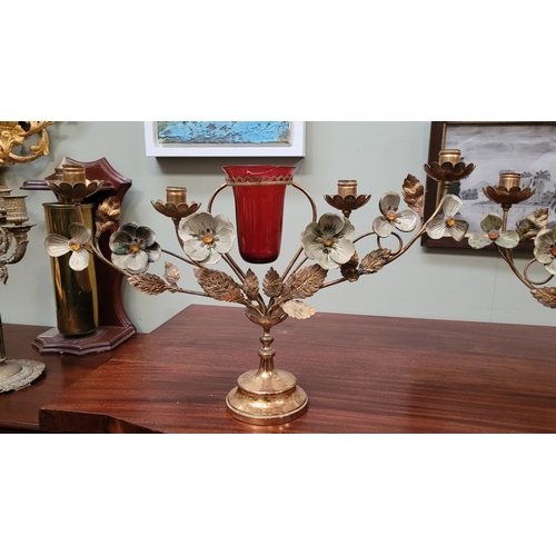 56 - A FANTASTIC PAIR OF DECORATIVE ECCLESIASTICAL STYLE GILT METAL & GEMSTONE CANDELABRA, with a central... 