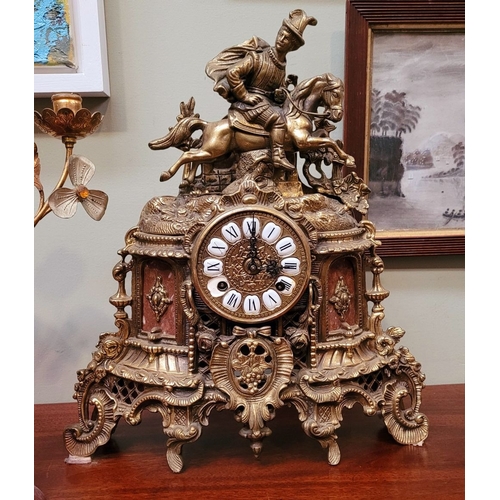 57 - A VERY GOOD QUALITY HEAVY BRASS & MARBLE MANTLE CLOCK, possibly Italian or German, no maker’s name t... 