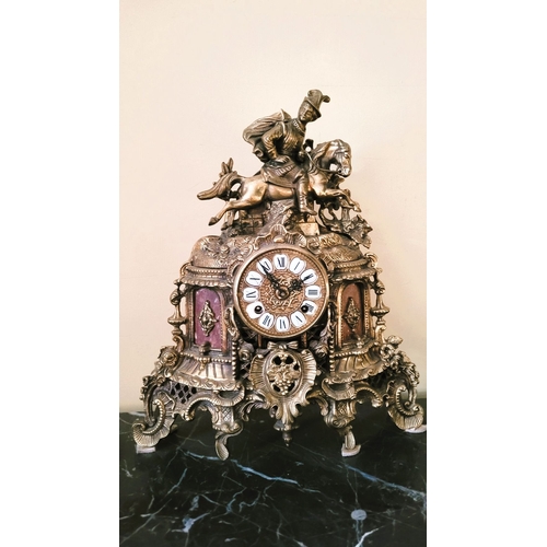 57 - A VERY GOOD QUALITY HEAVY BRASS & MARBLE MANTLE CLOCK, possibly Italian or German, no maker’s name t... 