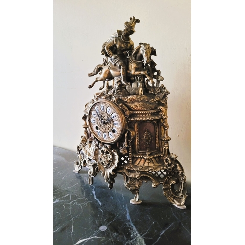 57 - A VERY GOOD QUALITY HEAVY BRASS & MARBLE MANTLE CLOCK, possibly Italian or German, no maker’s name t... 