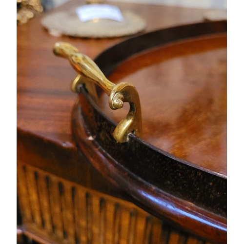 58 - A VERY GOOD 19TH CENTURY INLAID OVAL SHAPED  TRAY, with raised gallery edge having a pair of scroll ... 