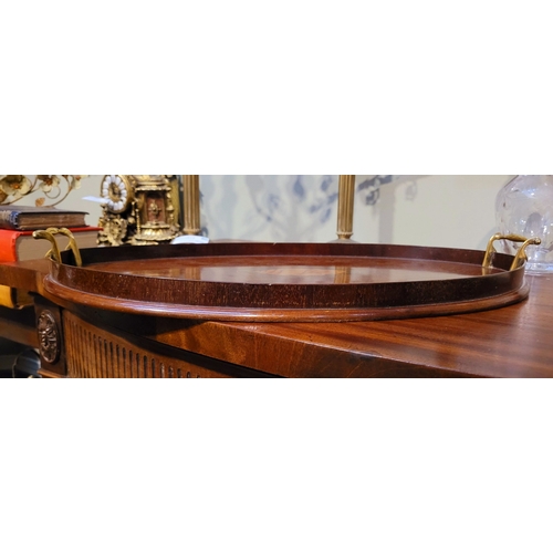 58 - A VERY GOOD 19TH CENTURY INLAID OVAL SHAPED  TRAY, with raised gallery edge having a pair of scroll ... 