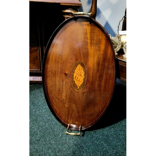 58 - A VERY GOOD 19TH CENTURY INLAID OVAL SHAPED  TRAY, with raised gallery edge having a pair of scroll ... 