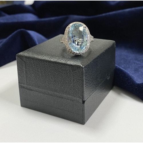 6 - AN EXCEPTIONAL 18CT WHITE GOLD AQUAMARINE & DIAMOND RING, the large central oval cut aquamarine weig... 