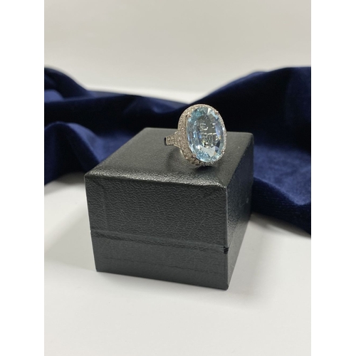 6 - AN EXCEPTIONAL 18CT WHITE GOLD AQUAMARINE & DIAMOND RING, the large central oval cut aquamarine weig... 