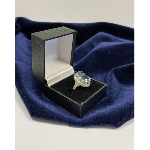 6 - AN EXCEPTIONAL 18CT WHITE GOLD AQUAMARINE & DIAMOND RING, the large central oval cut aquamarine weig... 