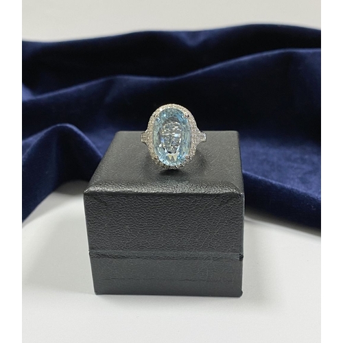 6 - AN EXCEPTIONAL 18CT WHITE GOLD AQUAMARINE & DIAMOND RING, the large central oval cut aquamarine weig... 