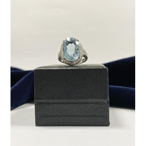 6 - AN EXCEPTIONAL 18CT WHITE GOLD AQUAMARINE & DIAMOND RING, the large central oval cut aquamarine weig... 