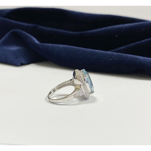 6 - AN EXCEPTIONAL 18CT WHITE GOLD AQUAMARINE & DIAMOND RING, the large central oval cut aquamarine weig... 