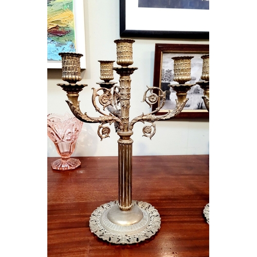 60 - A GREAT PAIR OF 19TH CENTURY BRASS CANDELABRA, each with four candle holders three arms with one hol... 