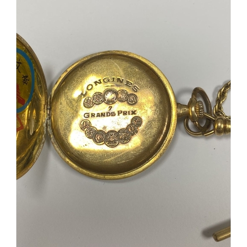 62 - A 14CT GOLD LONGINES GRAND PRIX PARIS POCKET WATCH, c.1918, with signed off-white enamel dial, with ... 