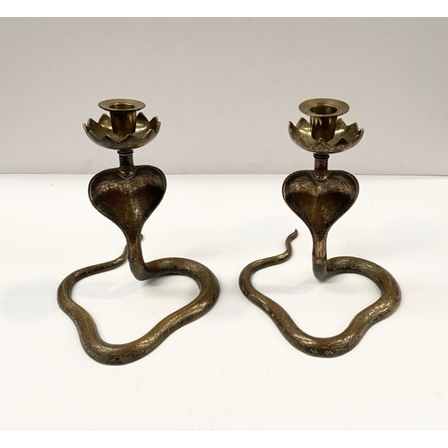 75 - A PAIR OF VINTAGE BRASS ENAMELLED COBRA SNAKE CANDLESTICKS, candlesticks in the form of cobras, high... 