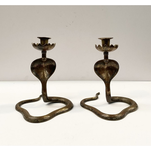 75 - A PAIR OF VINTAGE BRASS ENAMELLED COBRA SNAKE CANDLESTICKS, candlesticks in the form of cobras, high... 