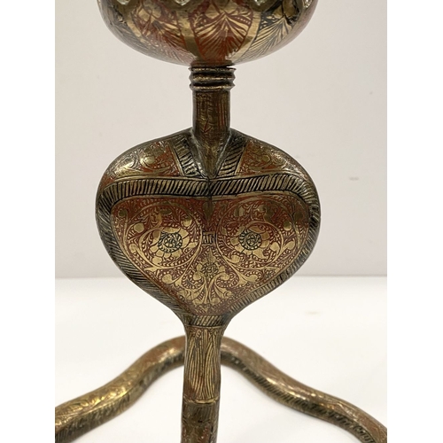 75 - A PAIR OF VINTAGE BRASS ENAMELLED COBRA SNAKE CANDLESTICKS, candlesticks in the form of cobras, high... 