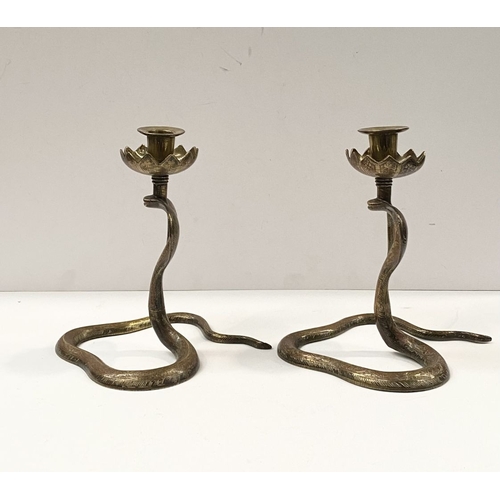 75 - A PAIR OF VINTAGE BRASS ENAMELLED COBRA SNAKE CANDLESTICKS, candlesticks in the form of cobras, high... 